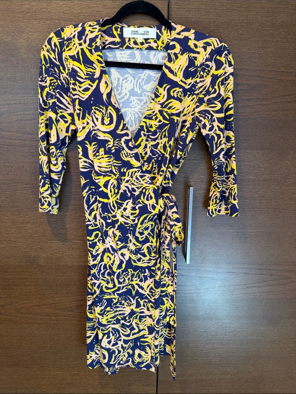 Diane Von Furstenberg Navy, Yellow & Pink Abstract Wrap Dress
